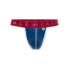 A pair of men's briefs by Ale Basic, featuring a dark blue body with a white center seam and a red elastic waistband printed with the brand name 'ALE BASIC' in white.