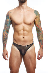 Black sheer mesh thong briefs with a subtle front logo from mob for stylish breathable comfort