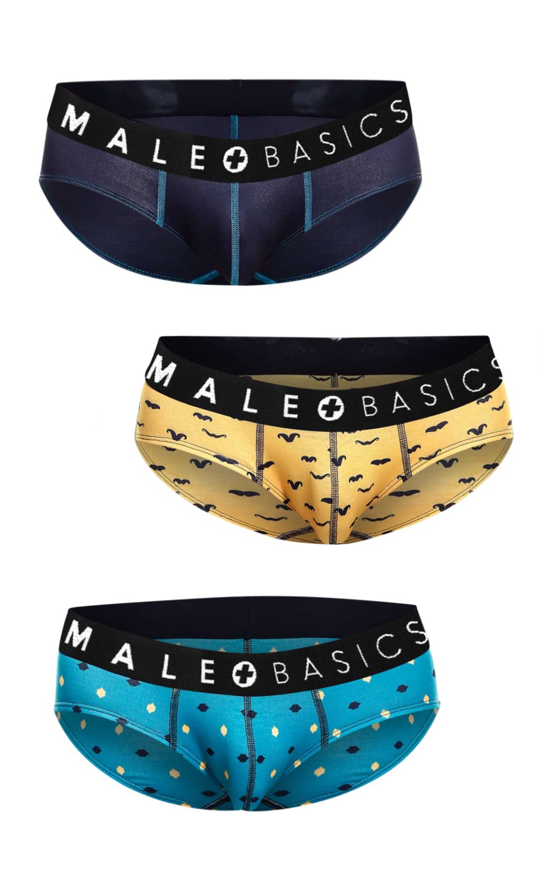 Three pairs of MaleBasics briefs in navy with teal stitching, mustard with black mustache prints, and turquoise with white polka dots