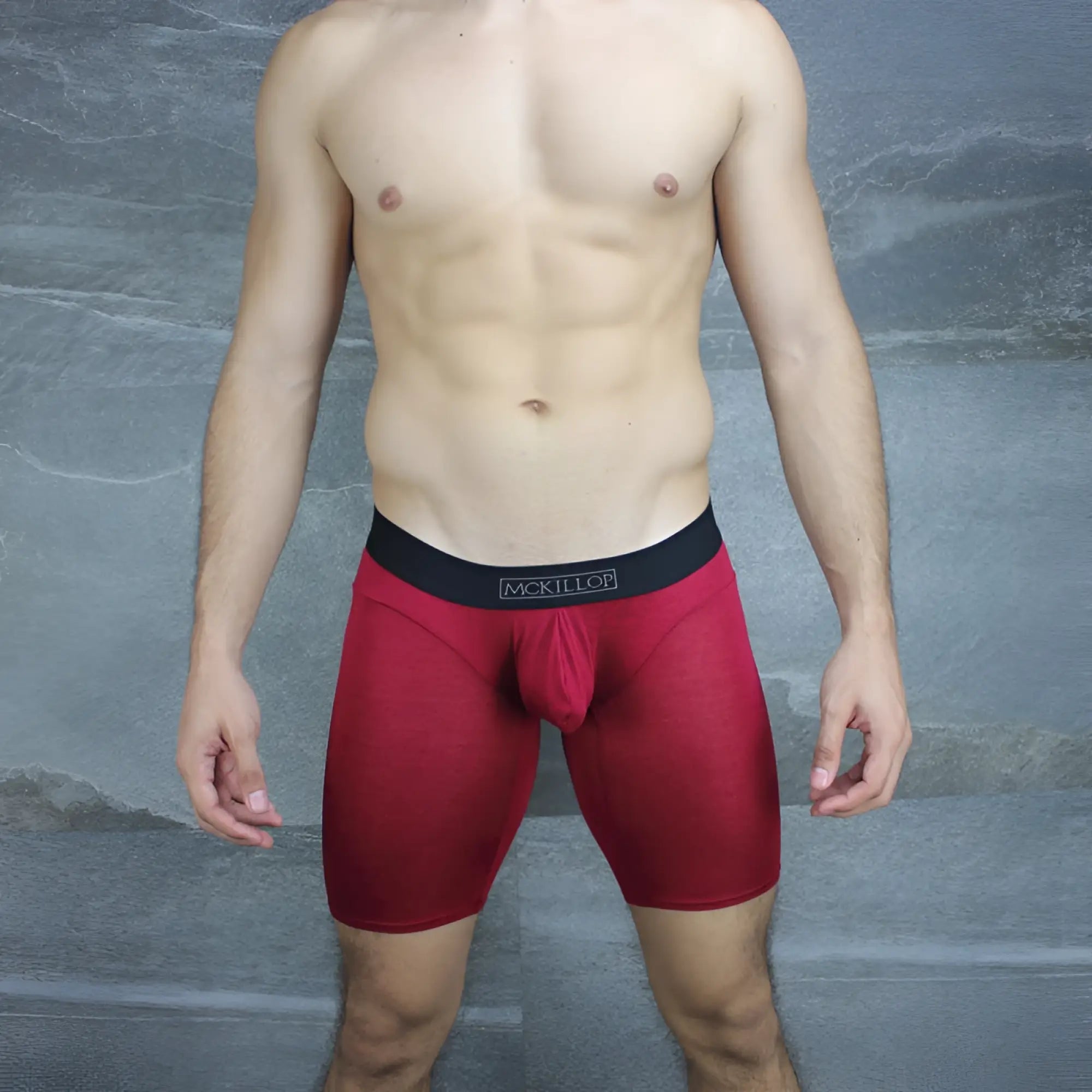 Red McKillop men’s modal knee long boxer briefs in burgundy with a black waistband size medium use OAMO-BG1