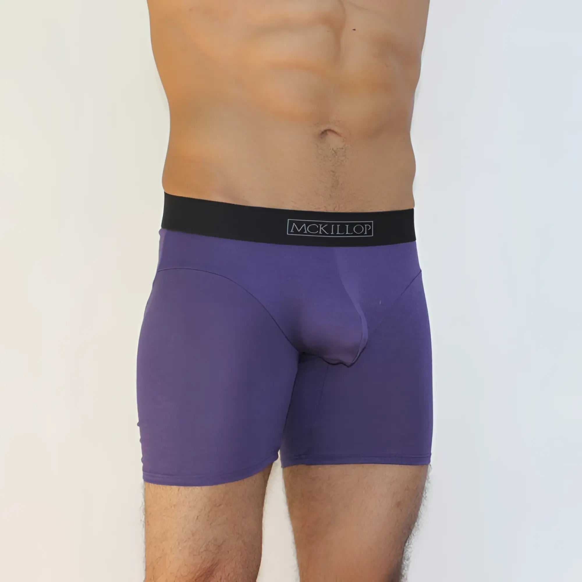 Purple mckillop brand modal long boxer briefs with black waistband in eggplant color size medium for comfortable wear