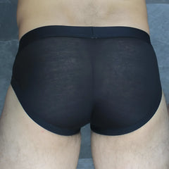Mckillop obmo hoist brief modal black sheer mesh briefs with solid black elastic waistband front view