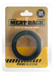Black 45mm silicone meat rack ring with bold circular design and 3x stretch branding on packaging