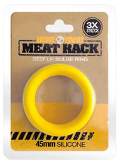Bright yellow 45mm silicone ring with bold meat rack branding and skull logo on packaging for workout use