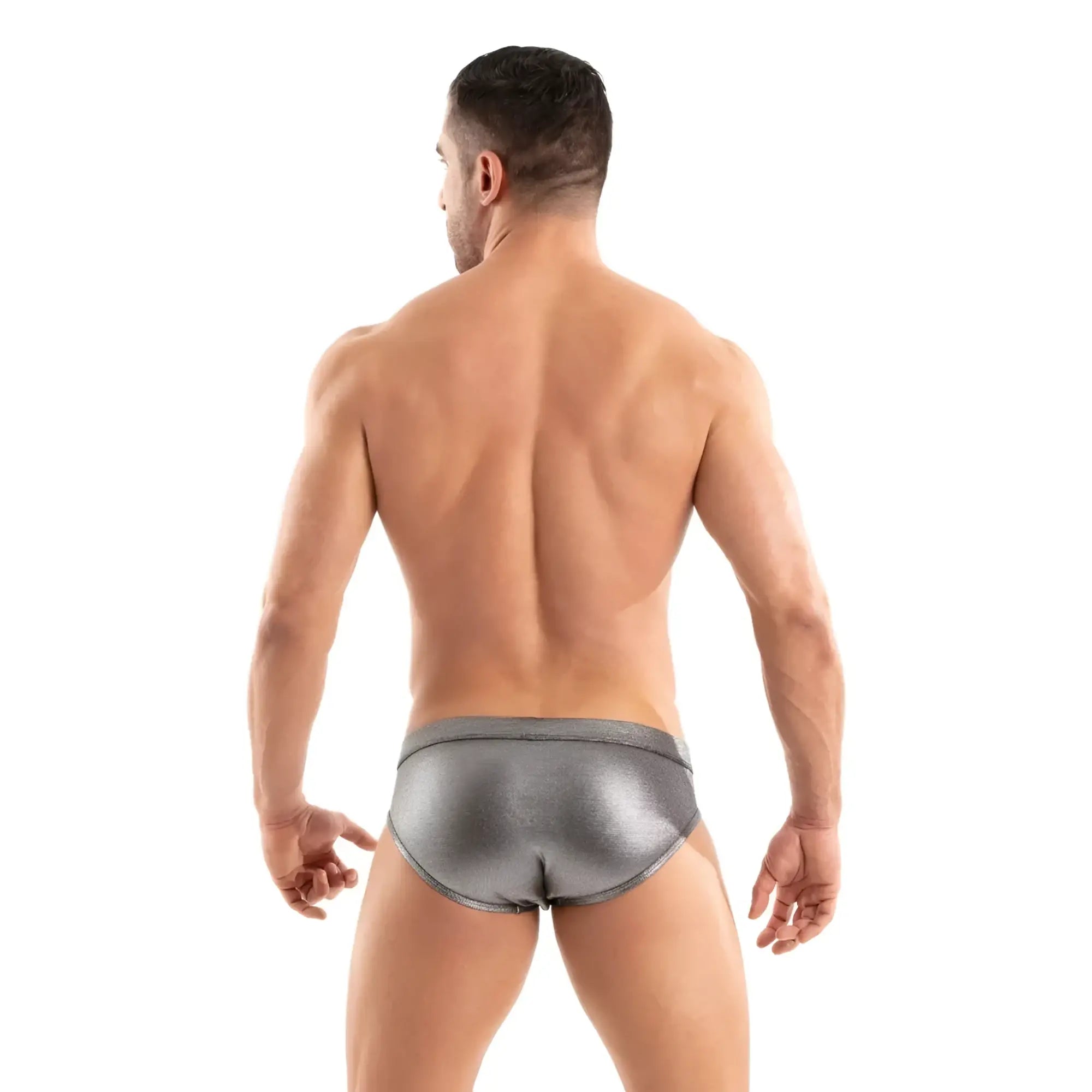 Shiny metallic silver swim brief with a sleek form-fitting design made from reflective metal fabric