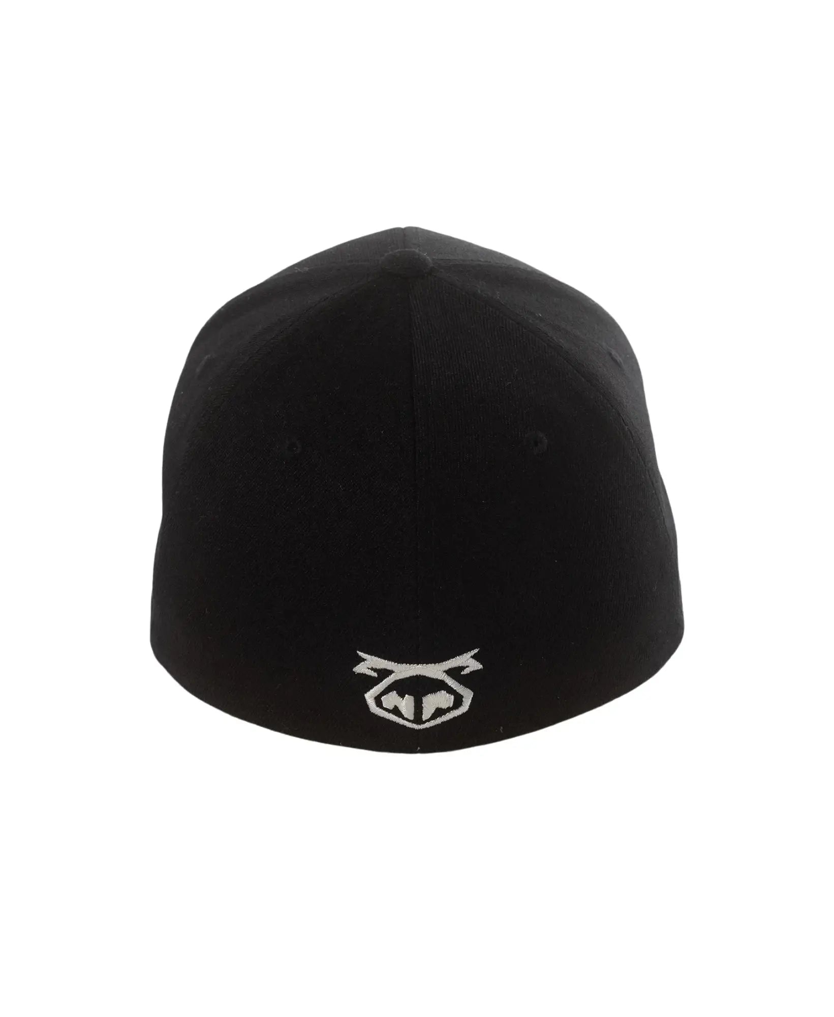 Black fitted mechanic cap showing the back with a white embroidered logo on the cotton fabric