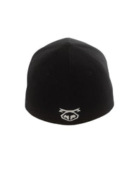 Black fitted mechanic cap showing the back with a white embroidered logo on the cotton fabric