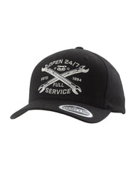 Black nasty pig mechanic cap featuring a white embroidered crossed wrenches logo with open 24 7 estd full service 1984 text