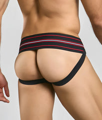 Black athletic briefs with red and white striped waistband for men 3 inch wide classic jockstrap front view