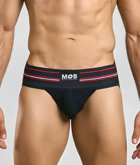 Men 3 inch wide classic jockstrap in black with red and white striped waistband featuring mob eroticwear logo