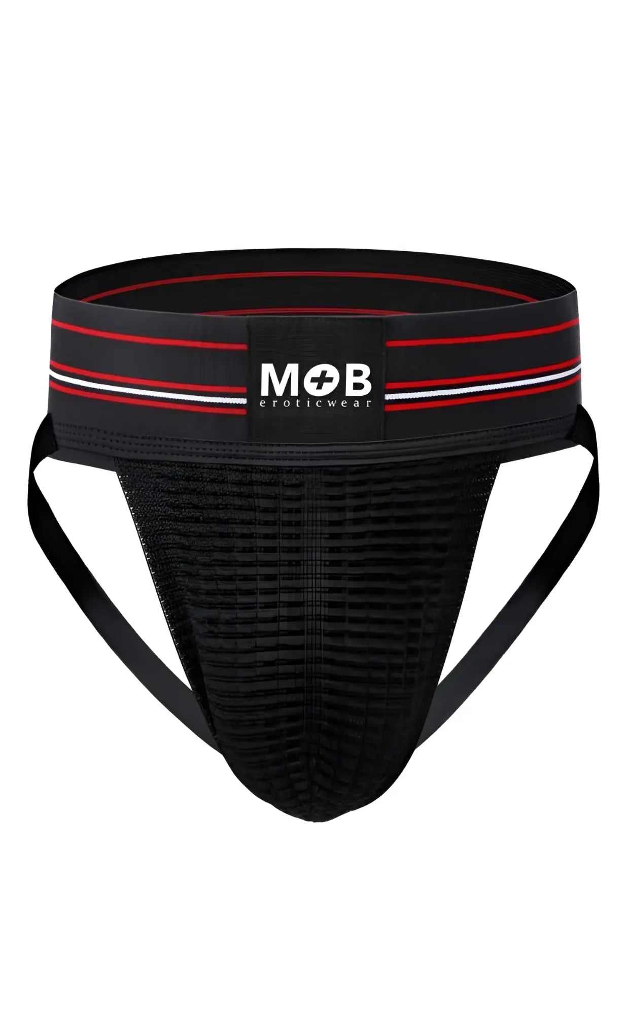 Black mesh athletic brief with red and white striped waistband and mob eroticwear logo in men 3 inch wide classic jockstrap