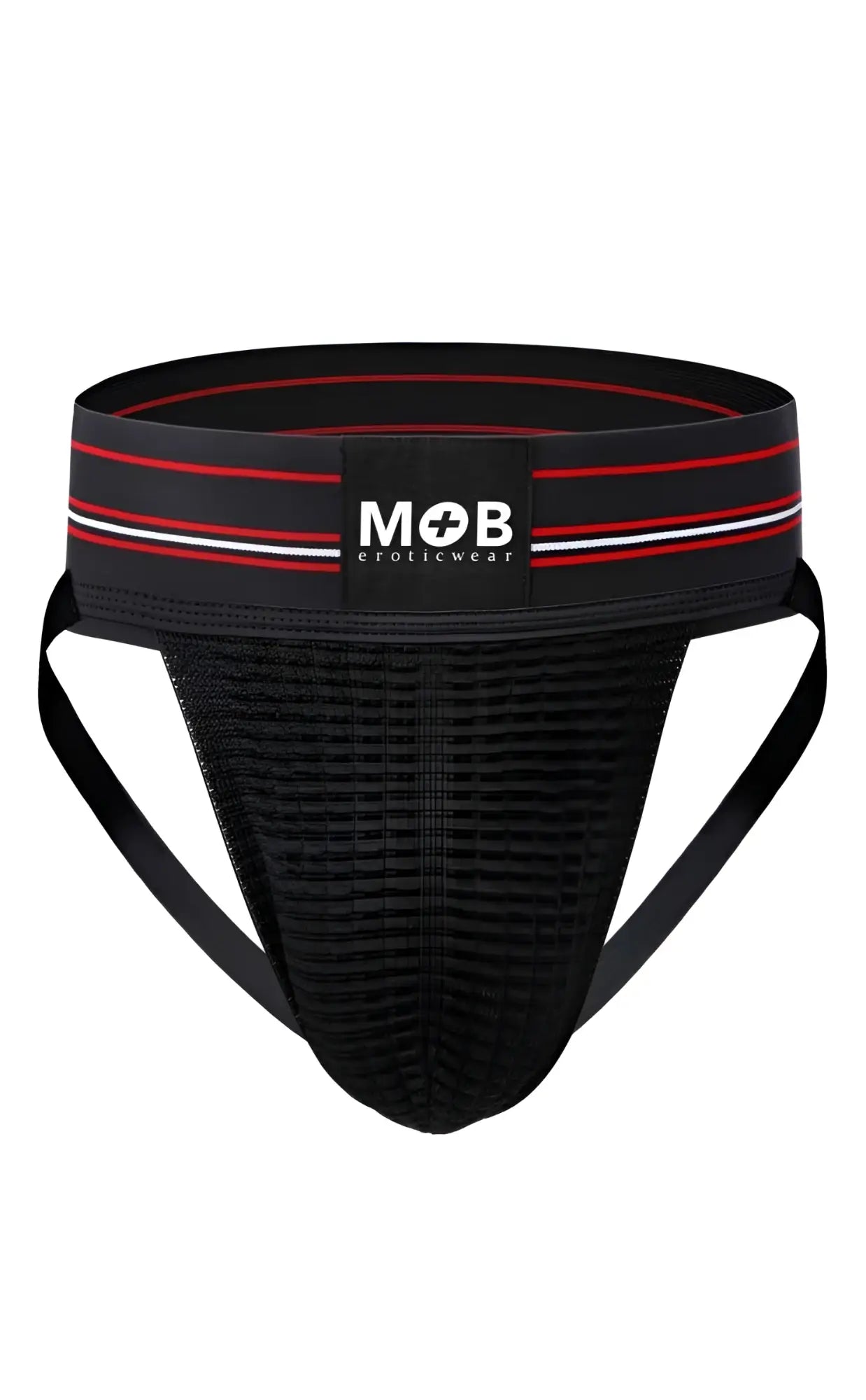 Black mesh men 3 inch wide classic jockstrap with red and white striped waistband featuring mob eroticwear logo