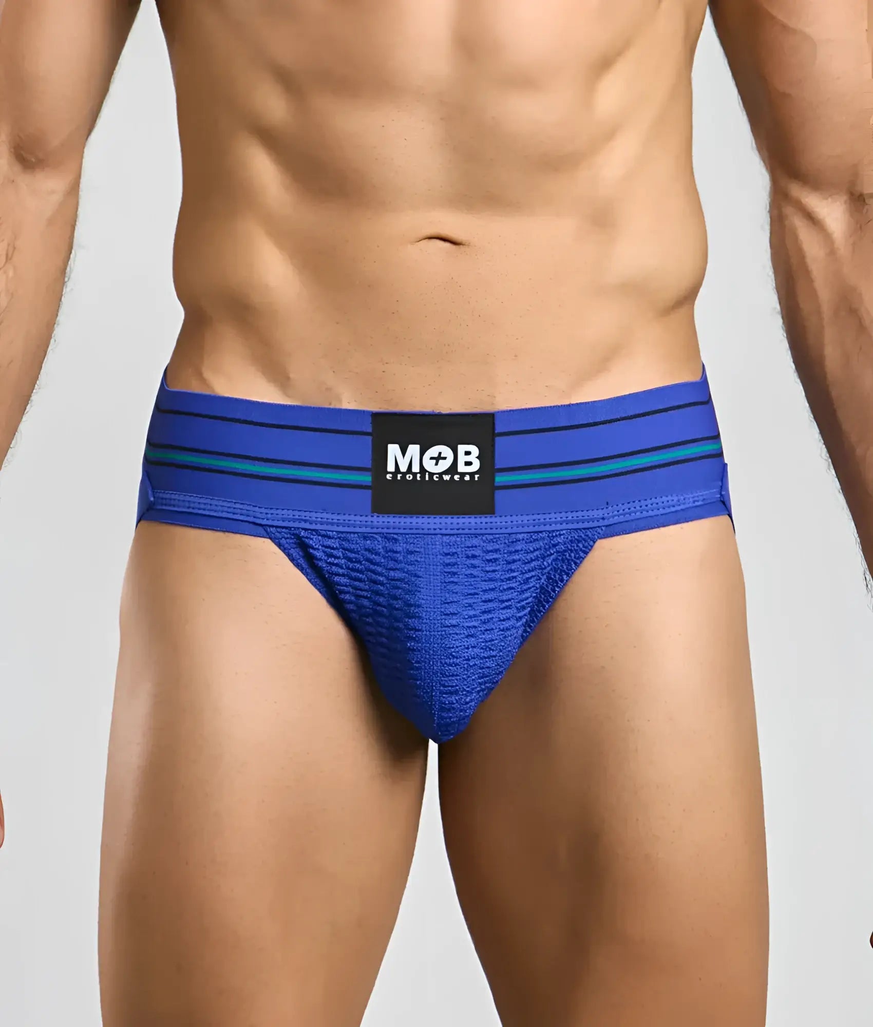 Men 3 inch wide classic jockstrap in blue athletic briefs with black mob eroticwear waistband and teal stripes