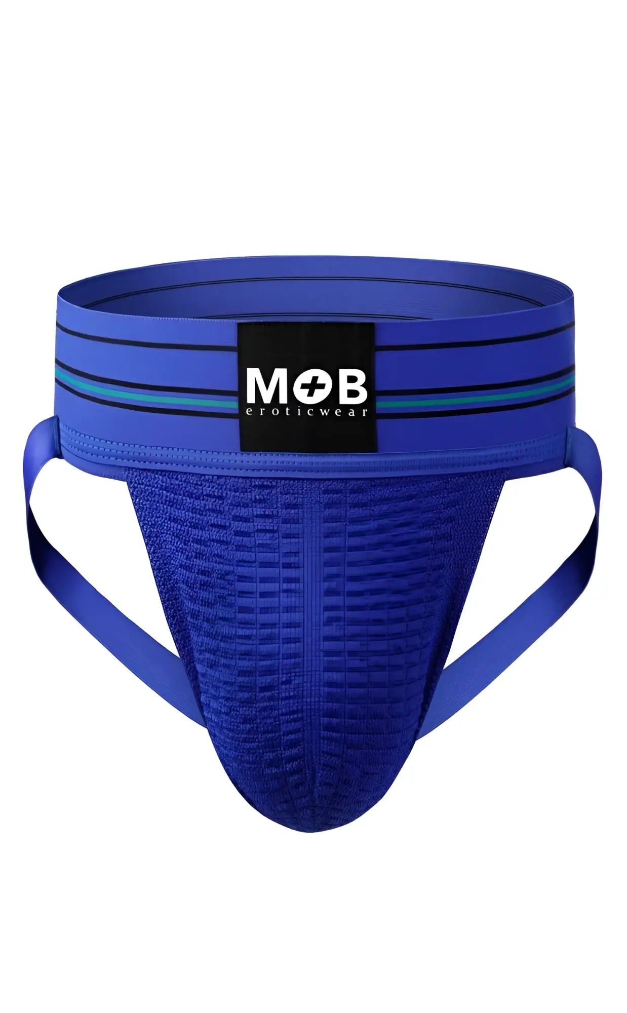 Men 3 inch wide classic blue textured athletic jockstrap with black mob eroticwear label and teal striped waistband