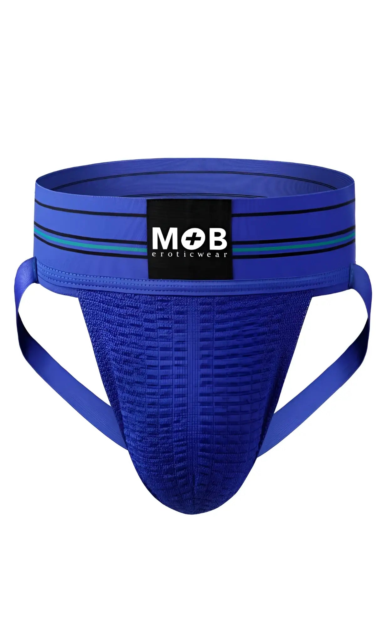Men 3 inch wide classic jockstrap in blue textured fabric with black and teal striped waistband featuring mob eroticwear label