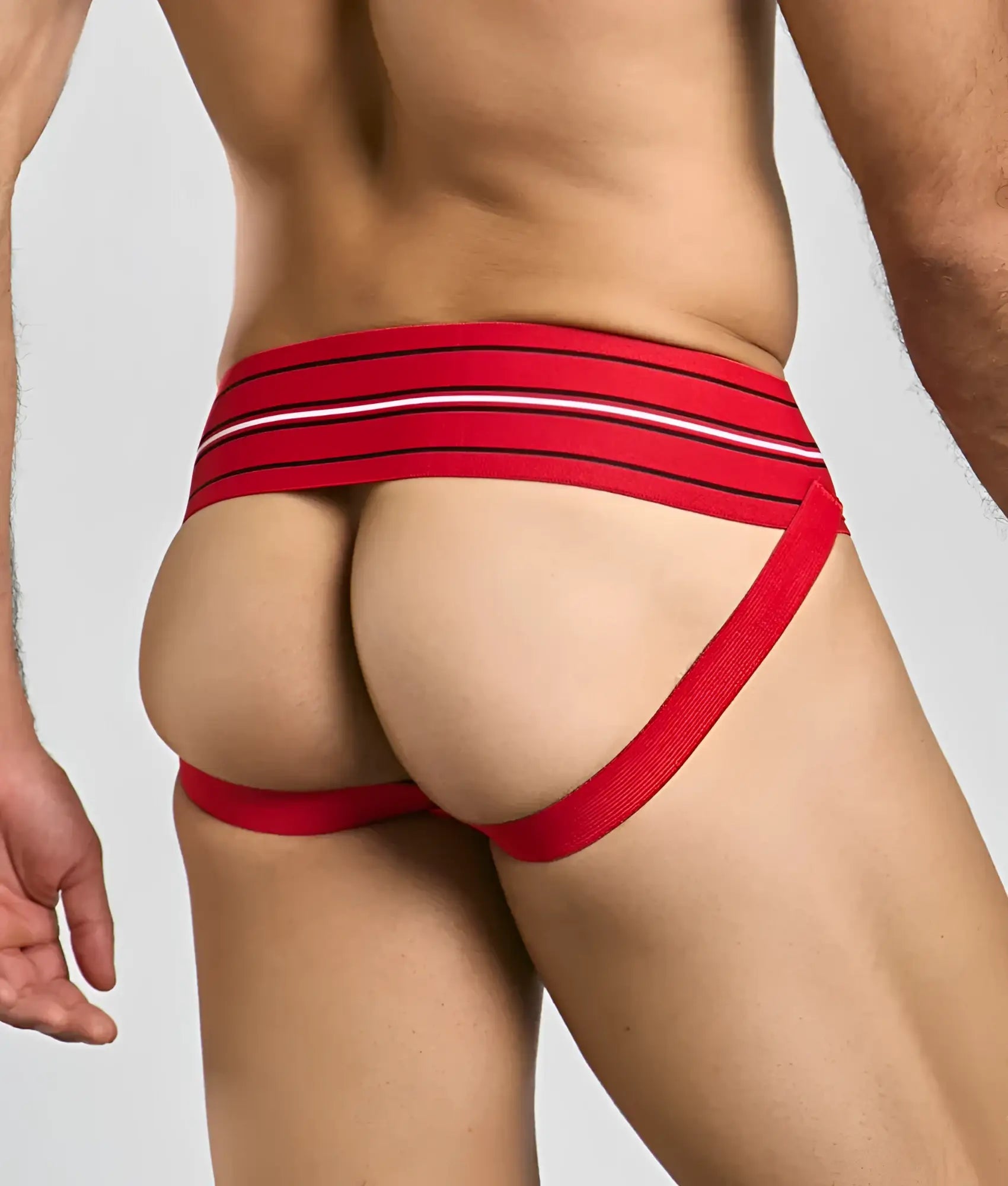 Red athletic briefs with black and white striped waistband featured in men 3 inch wide classic jockstrap design