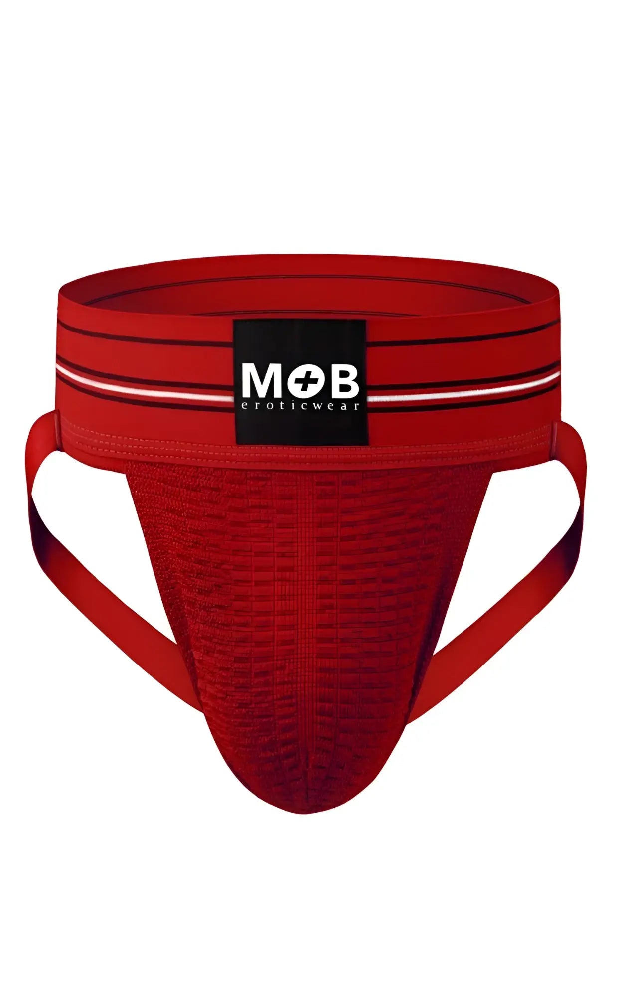 Red textured athletic brief with black and white striped waistband and mob eroticwear logo patch men 3 wide classic jockstrap