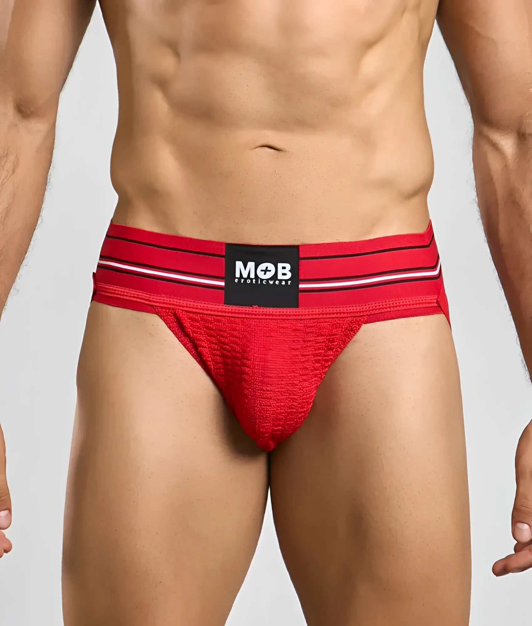 Men 3 inch wide classic jockstrap red textured briefs with black and white striped waistband mob eroticwear logo