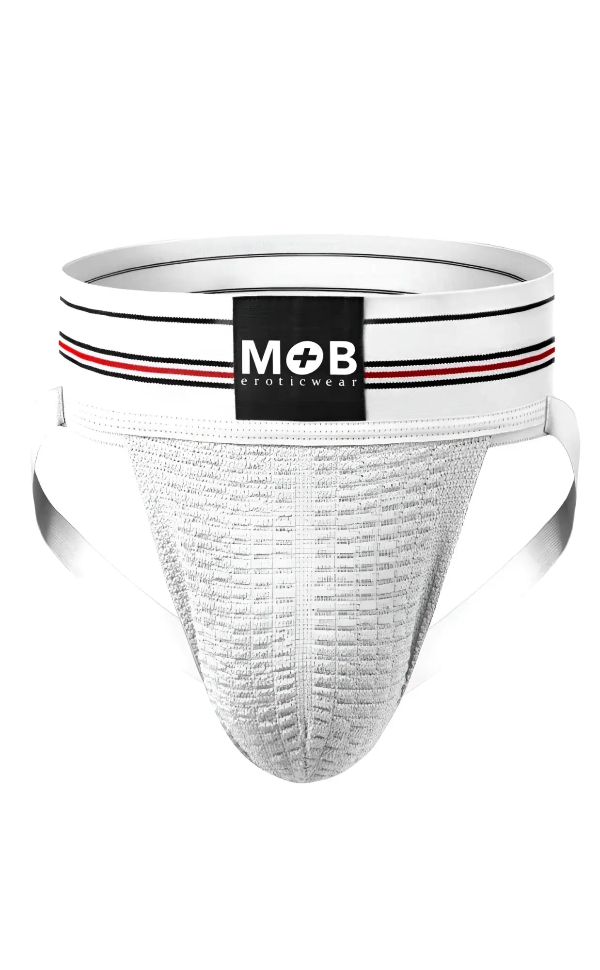 Men 3 inch wide classic jockstrap in white with black and red striped waistband and mob eroticwear logo patch