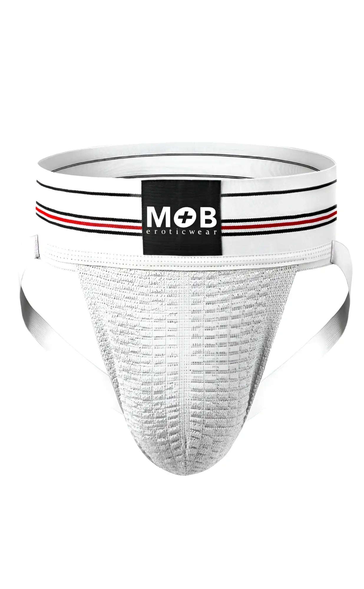 Men 3 inch wide classic jockstrap in white with black and red striped waistband featuring mob eroticwear logo patch