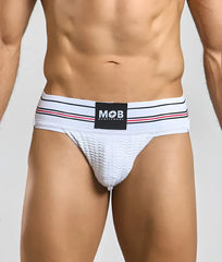 Men 3 inch wide classic jockstrap with white textured briefs and striped black red white waistband mob eroticwear logo patch