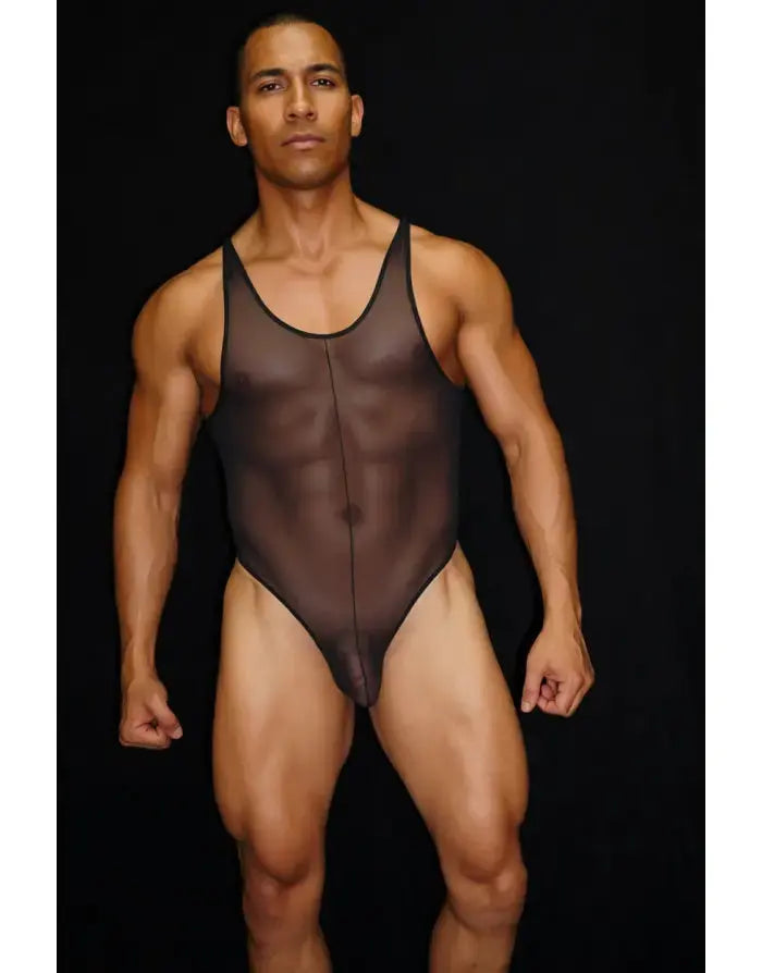 Black tulle mesh bodysuit thong by Arroyman featuring a sheer design and form-fitting cut worn by a male model.