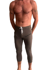 Dark gray mens 4/5 zipper pocket capri yoga pants with white drawstring waistband and side pockets