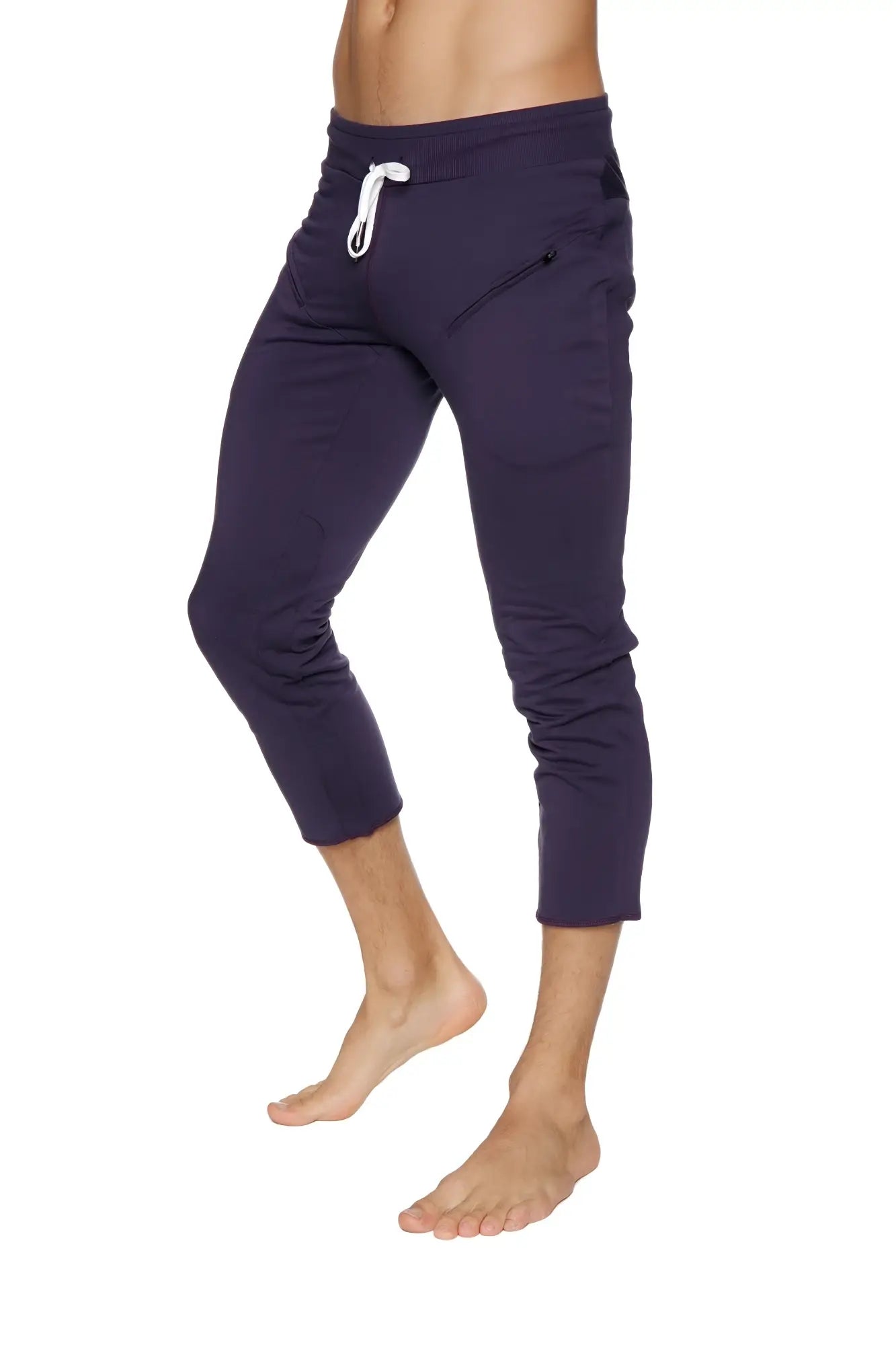 Mens navy blue capri joggers with white drawstring waistband and side pockets for yoga and casual wear