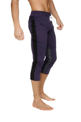 Mens 4/5 zipper pocket capri yoga pants in navy blue with black side panels and white drawstring waistband
