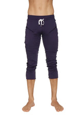 Mens navy blue 4/5 zipper pocket capri yoga pants with white drawstring waistband and side pockets