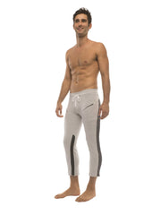 Mens 4/5 zipper pocket capri yoga pants in grey with charcoal black side stripes and white drawstring waistband