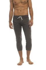 Mens solid charcoal capri yoga pants with white drawstring waistband and side pockets for active wear