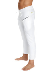 Mens white athletic joggers with drawstring waistband and black zipper detail on side pocket for yoga and casual wear