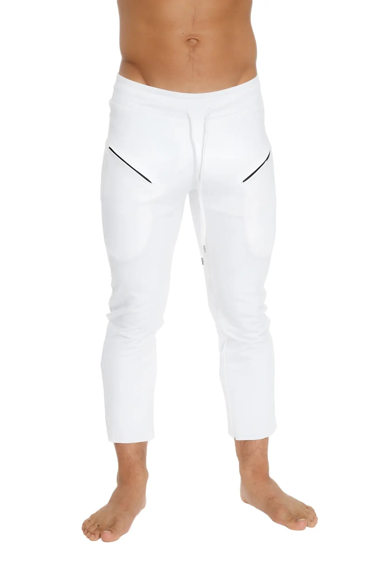 Mens 4/5 zipper pocket capri yoga pants in white with black diagonal zipper accents on the sides for athletic use