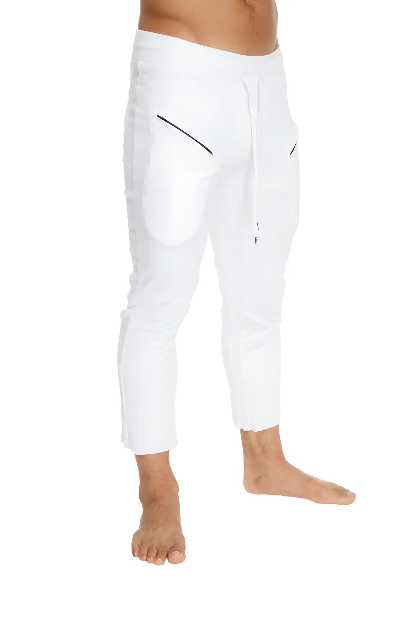 Mens white 4/5 zipper pocket capri yoga pants with black diagonal zipper accents and drawstring waistband