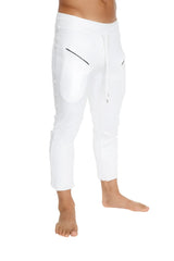 Mens white 4/5 zipper pocket capri yoga pants with black diagonal zipper accents and drawstring waistband