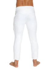 Mens white slim-fit cargo capri yoga pants back view with subtle yellow logo on waistband and 4/5 zipper pockets