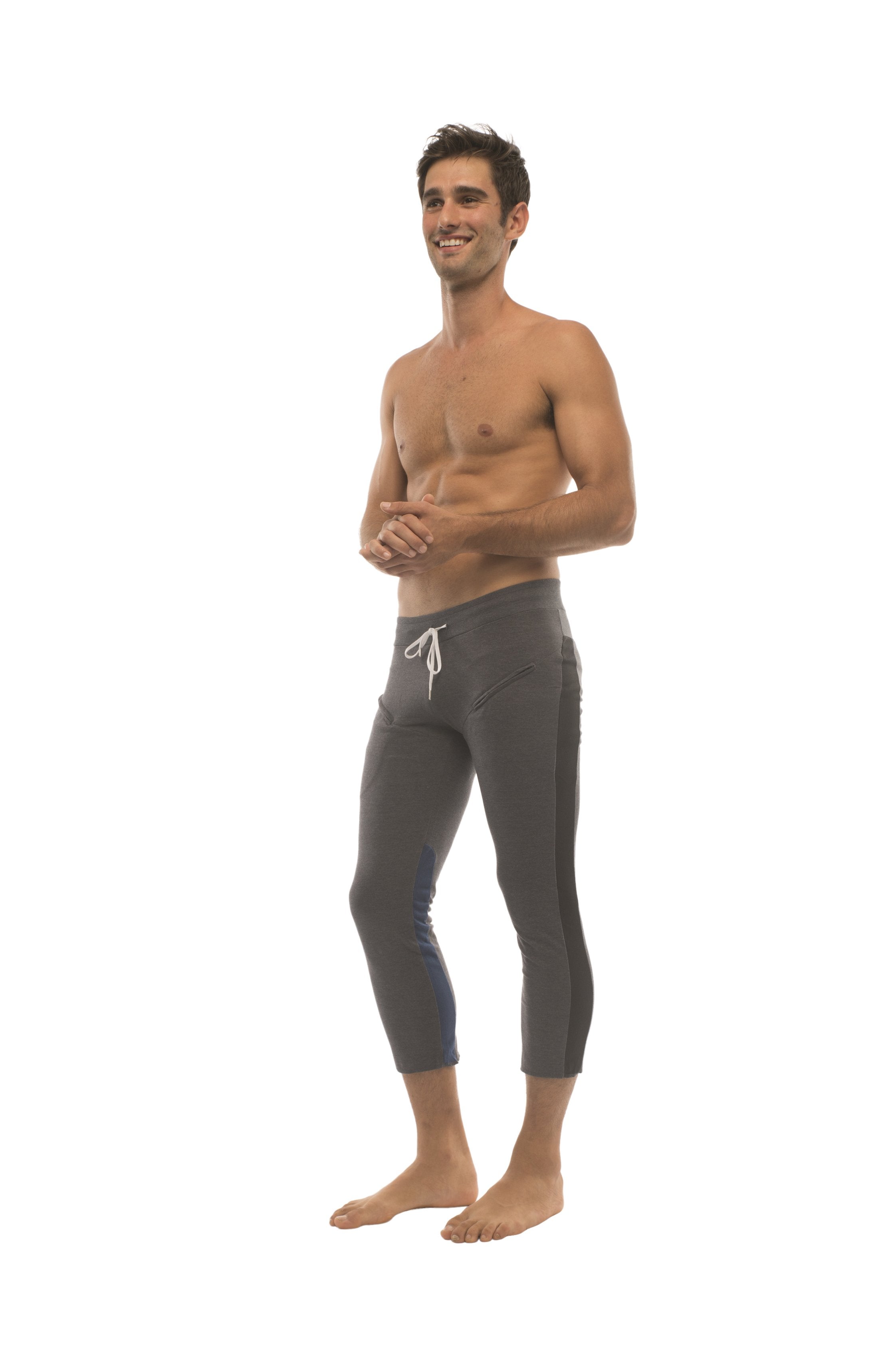Mens 4/5 zipper pocket capri yoga pants in charcoal with black and royal featuring gray capri-length leggings with white drawstring waistband and subtle side pockets