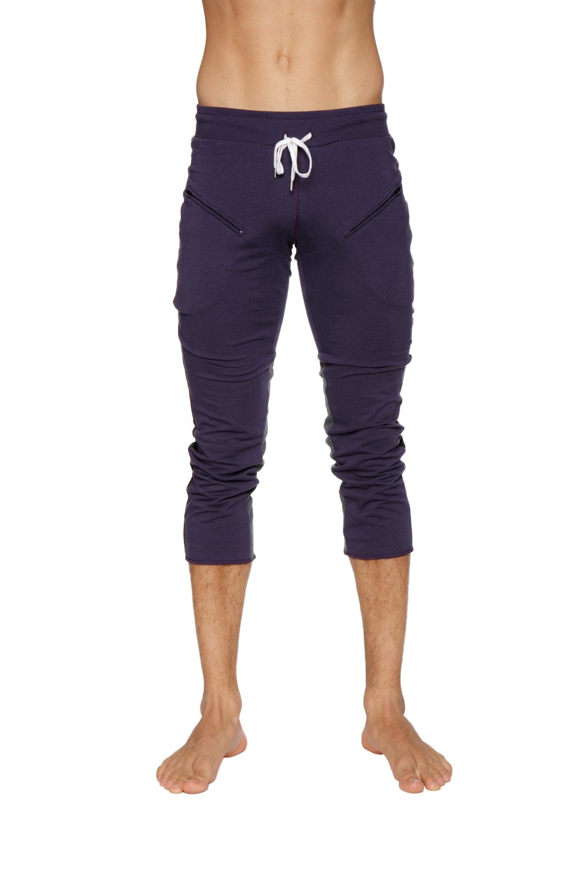 Mens navy blue 4/5 zipper pocket capri yoga pants with white drawstring waistband and side pockets