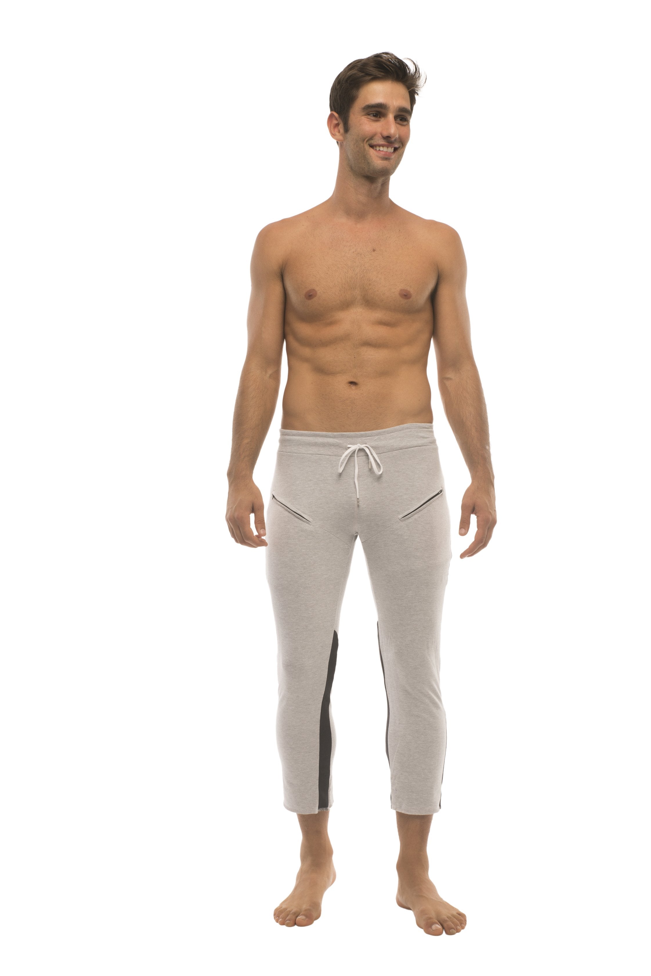 Herren 4/5 Capri-Yogahose mit Reißverschlusstasche (GRAU mit Anthrazit & Schwarz)