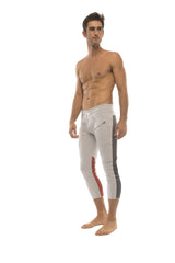 Mens 4/5 zipper pocket capri yoga pants in grey with charcoal and red side stripes and a drawstring waistband