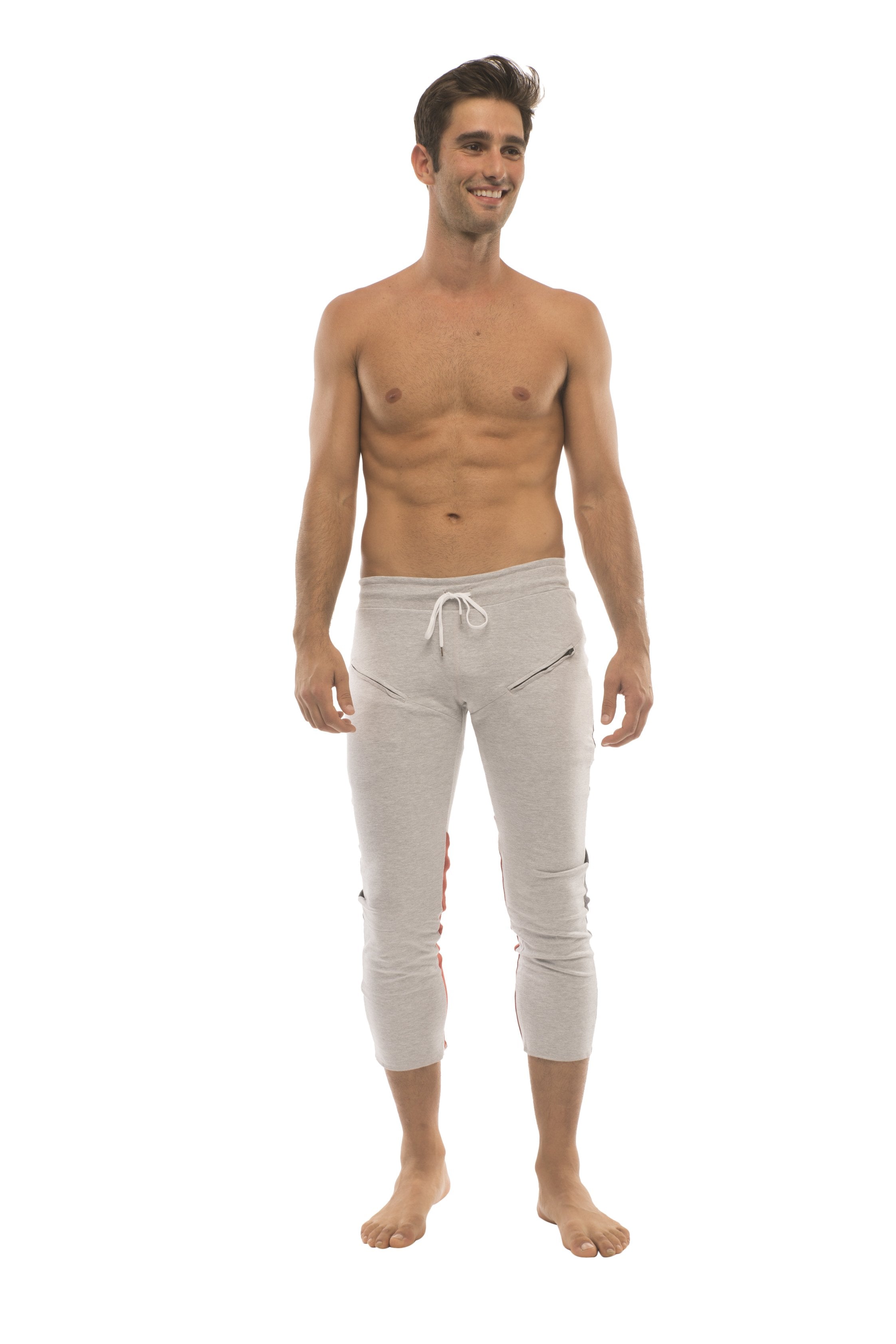 Mens 4/5 zipper pocket capri yoga pants in light gray with white drawstring and side pockets designed for comfort
