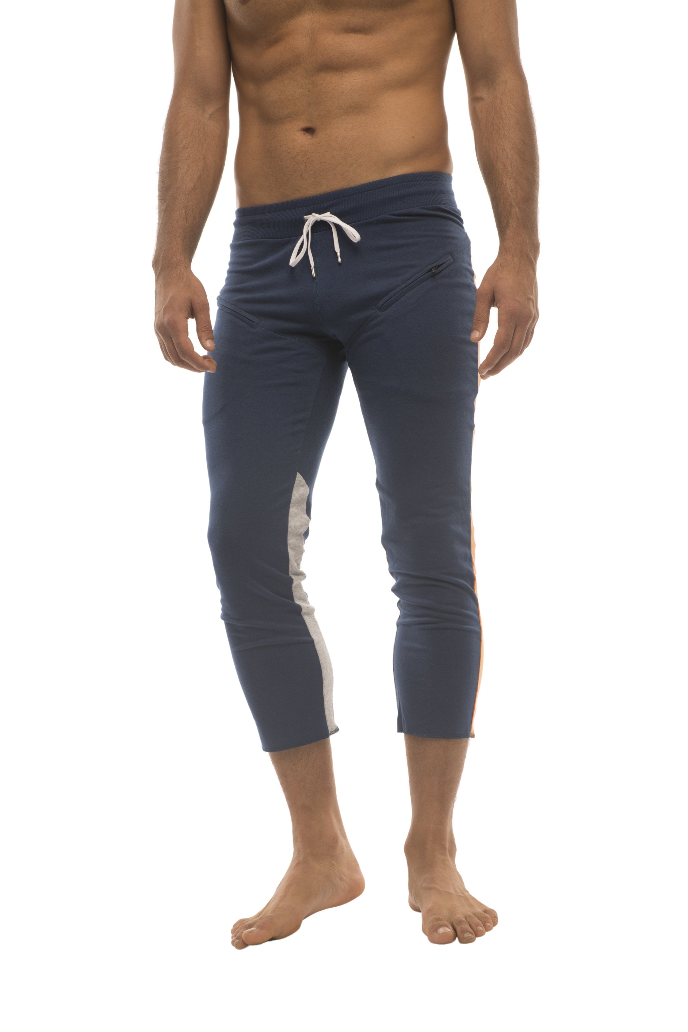 Pantalon de yoga Capri pour homme, 4/5 poches zippées (Bleu royal avec orange et gris)