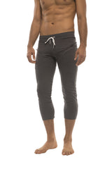 Mens solid charcoal capri yoga pants with white drawstring waistband and side pockets for active wear