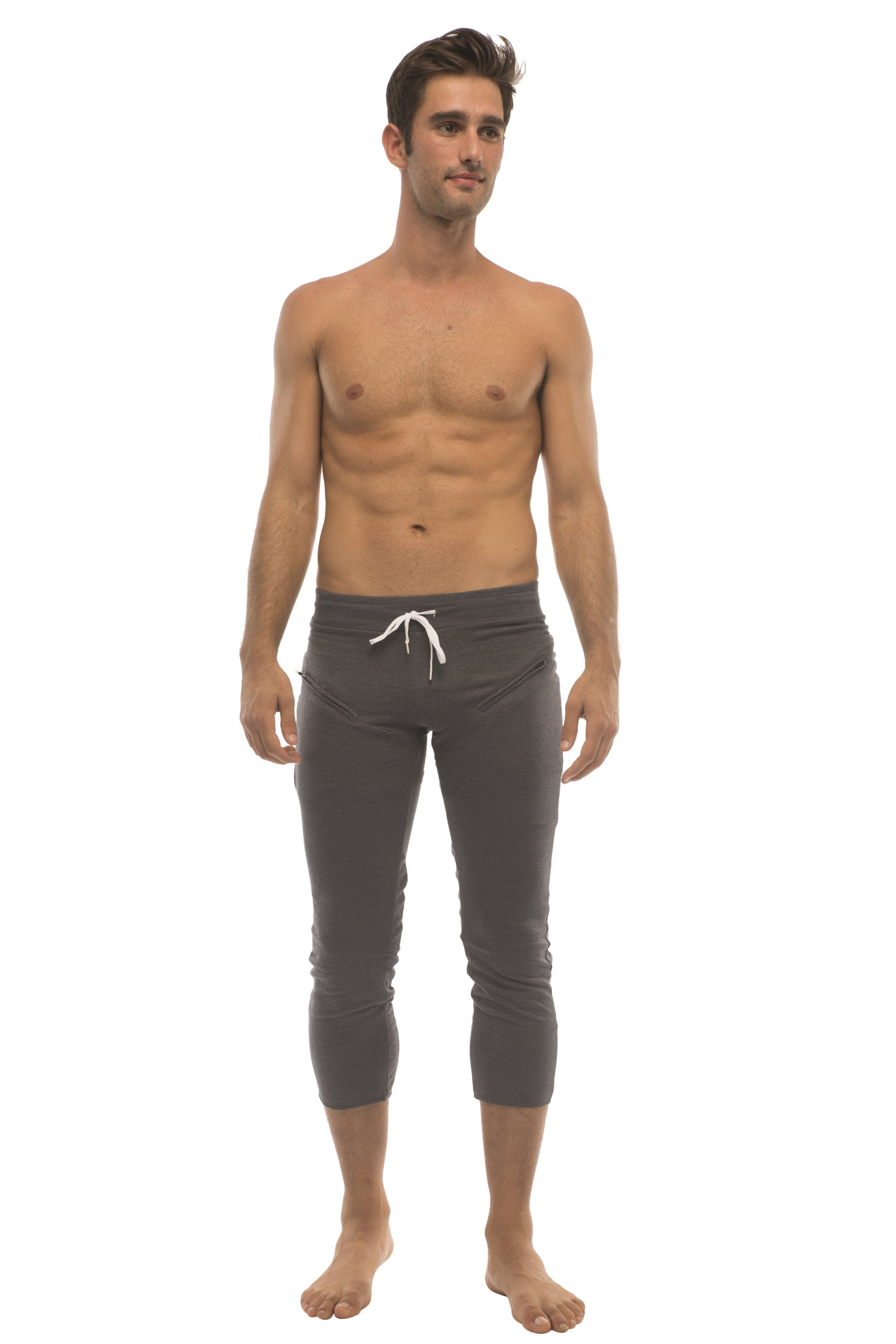 Mens solid charcoal capri yoga pants with stretchy fabric and white drawstring waistband for comfort and flexibility