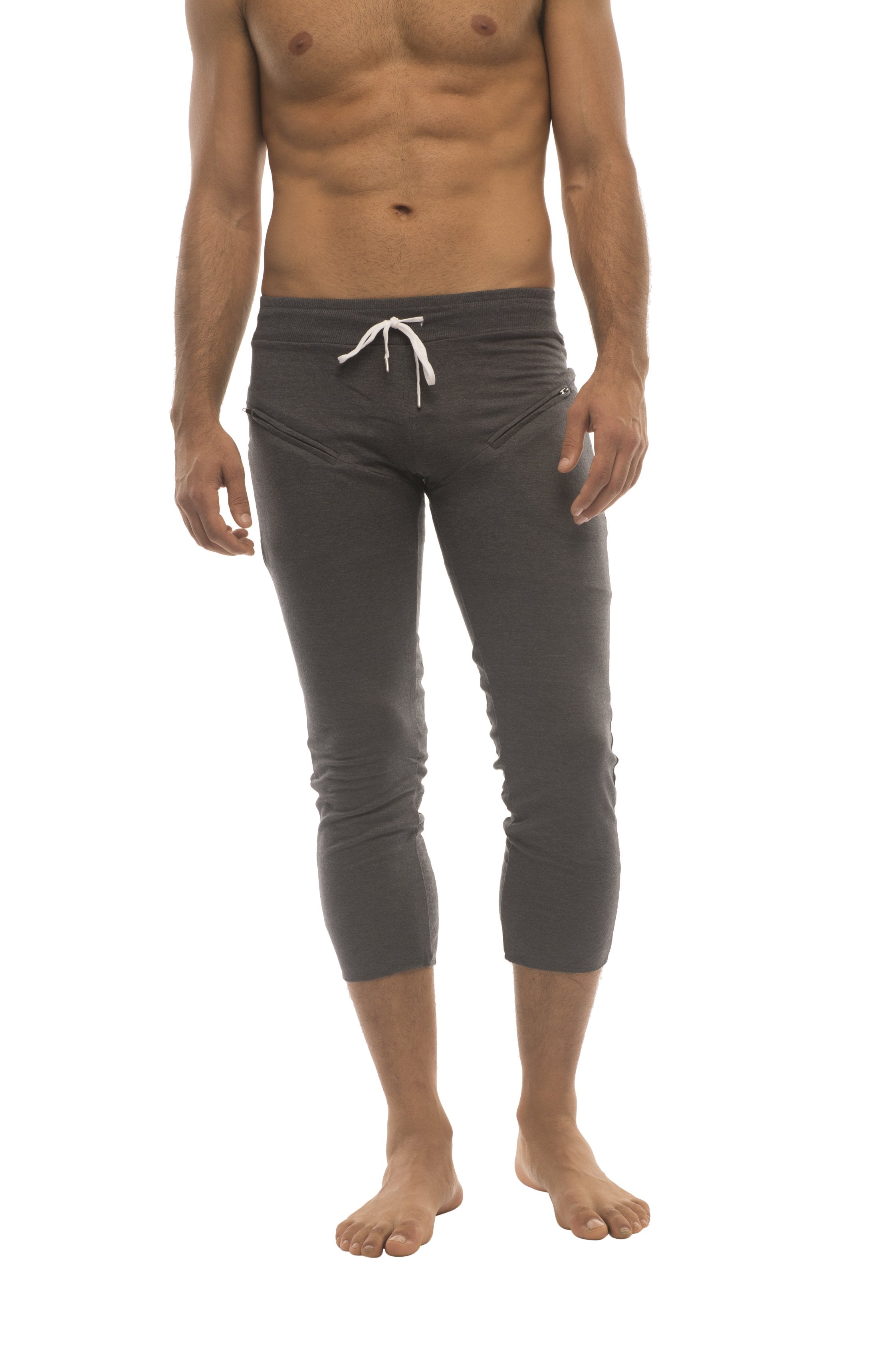 Mens solid charcoal capri yoga pants with white drawstring waistband and side pockets for active wear