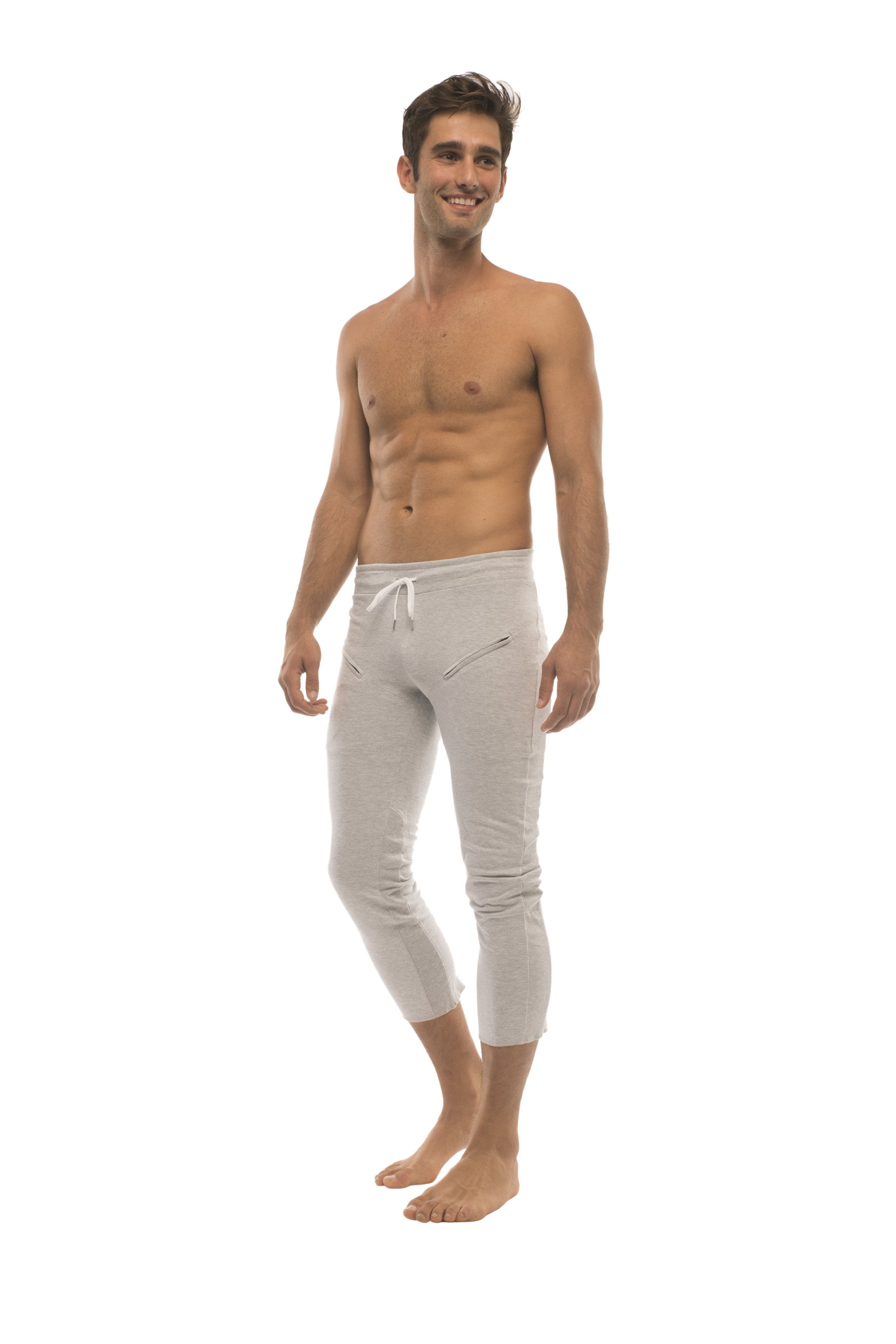 Mens 4/5 zipper pocket capri yoga pants in solid heather grey with white cropped jogger pants featuring drawstring waist and zipper pockets
