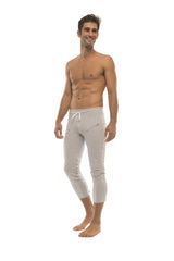 Mens 4/5 zipper pocket capri yoga pants in solid heather grey with white cropped jogger pants featuring drawstring waist and zipper pockets