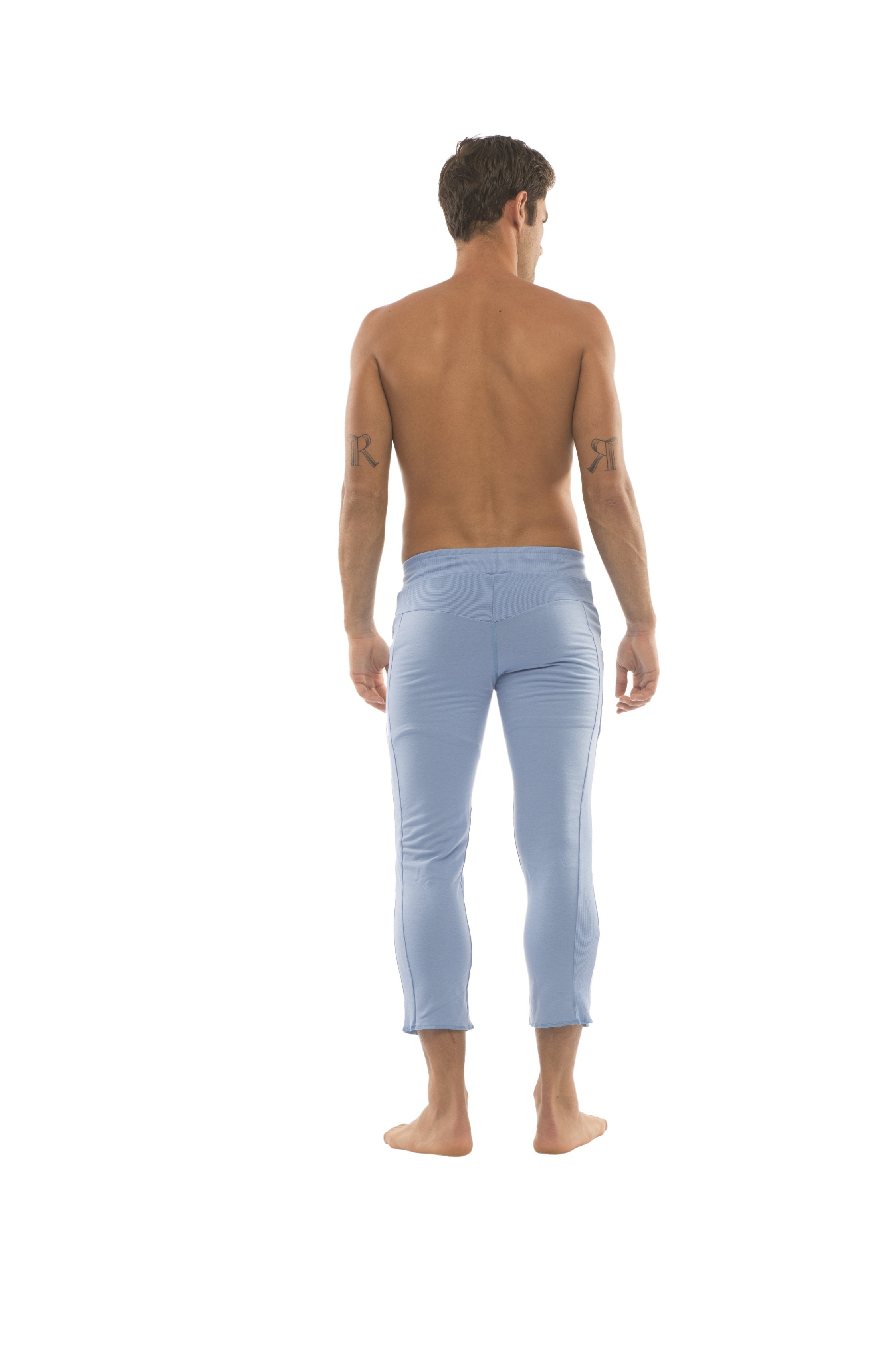 Mens ice blue form-fitting capri yoga pants with smooth fabric and 4 5 zipper pockets for secure storage