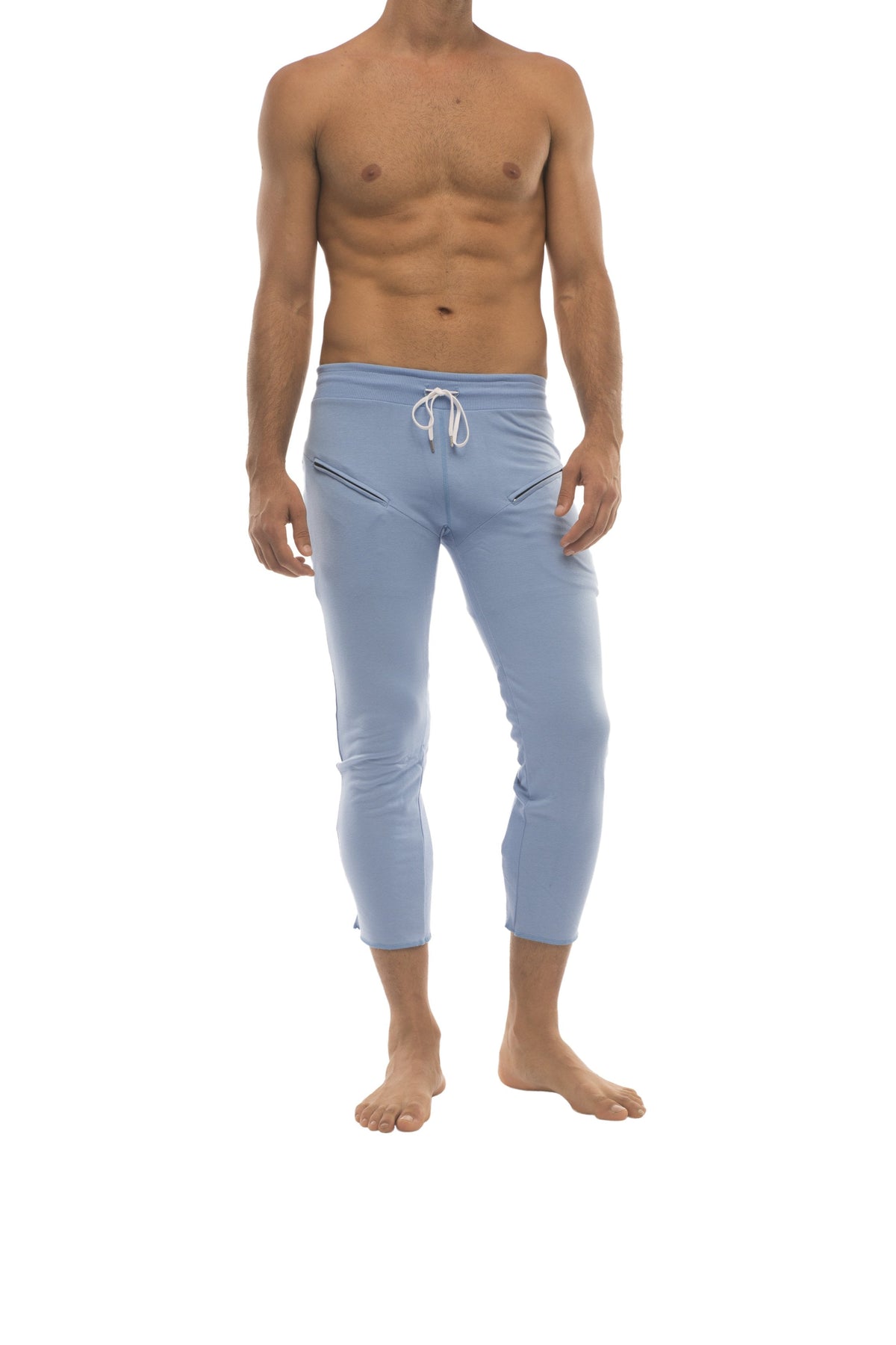 Mens solid ice blue form-fitting capri yoga pants with white drawstring waistband and side zipper pockets